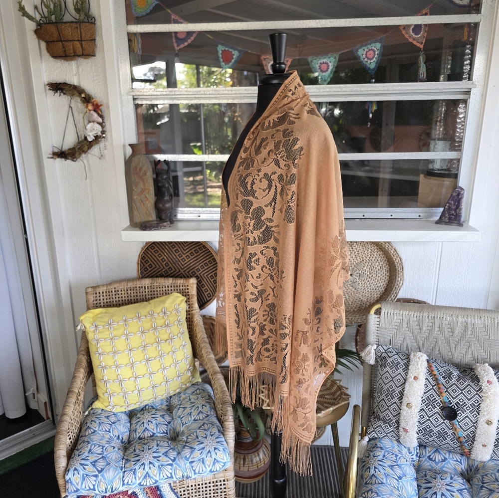 Fringe Wrap Hippie Vintage Tan Floral Lace Scarf Boho Chic Bohemian - Picture 4 of 10